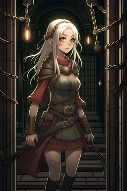 Female elf, imprisoned in a dark dungeon, wearing rags, manacled, anime