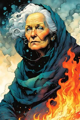 create an imaginative print illustration of an aged female, blind Nordic seeress, dressed in rags, with finely detailed facial features, wreathed in a maelstrom of fire, in the comic book art style of Bill Sienkiewicz, Mike Mignola, and Jean Giraud Moebius, finely textured, drawn, colored, and inked