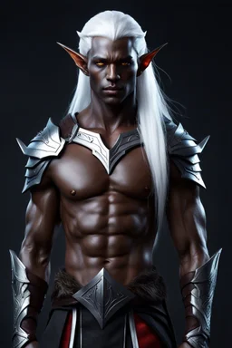 Male elf, muscular warrior, dark grey skin, long white hair. Sci-fi Fantasy. Photorealistic