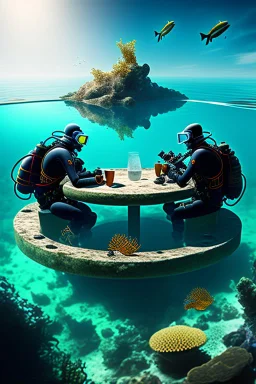 2 divers in full gear sitting at a round table having tea, the table is on the bottom of the dried out ocean, no water, around them are shattered dead fish, dead starfish, ship reck, 8 k realistic