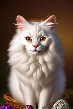 A realistic cute adorable fluffy plushy white smiling cat holding a basket of jewels and gems. His fur is realistic. The background is a romantic carpet bokeh digital painting extremely detailed studio lighting crisp quality and light reflections 8k cinematic lighting portrait photorealistic ultra detailed cinematic postprocessing focused