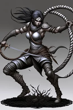 female gray skin Shadar-Kai wielding a Whip a whip made out of black thorns