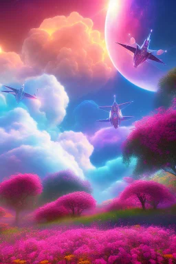 digital illustration, a world full of life divine thrill of biological tranquil sky, flowers, spaceship, , bright color splashes, high detailed 8 k