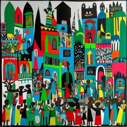 A city with Javanese shadow puppets painted by Stuart Davis