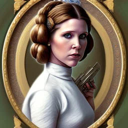 round framed complete and fully detailed head to waist portrait of young carrie fisher as Princess Leia with detailed hairstyle by Mandy Jurgens and mucha and Richard Schmid and chuck close and chie yoshii, beautiful detailed opulent dress,