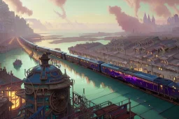 close up train+Elevated train+train+town on sea+sea+Italian colourful sea village +alphonse mucha, greg rutkowski,matte painting, cryengine, hyper detailed, felix kelly, fantasy art, seb mckinnon