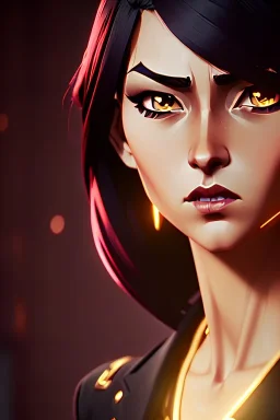 Young business woman, dark orange eyes, dark brown hair, elegant hair, thin lips, gold hoop earrings, waist up portrait, 8k resolution, intricate details, ornate details, soft lighting, vibrant colors, retroanime, masterpiece, realistic, intricate eyeliner, dark eyeshadow, eyes,futuristic cityscape background
