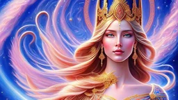 Create an image of a full body cosmic goddess. the goddess should be depicted as a beautiful and powerful figure, surrounded by cosmic stars. her hair should be long, blond and flowing, and she should be dressed in a flowing gown blue celestial robe. in the background, include imagery of pink flowers, blue sky, trees. the image should evoke a sense of joy, celebration, and spiritual connection to nature.