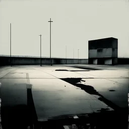 Minimal contemporary abstract oil paintings of desolate 1960s carpark with road markings and concrete fragments. Lone figure. Overlay with grungy typography graphics. style of Justin Mortimer and Francis Bacon.