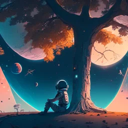 A lonely astronaut sits under the shade of an old tree on the edge of a planet. He looks at a beautiful galaxy. And he is thinking while waiting for his love. The sky is full of space balloons.4k, high resolution. full detail. digital art, anime.