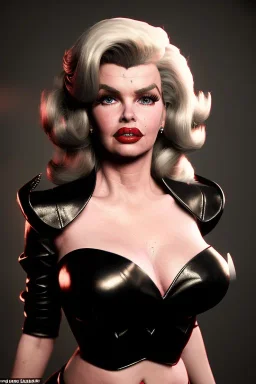 jayne mansfield as evil queen in black leather, angry, stern look, volumetric lighting, particales,highly detailed,cinematic, deep colours,8