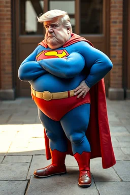 a thoroughly confused, frail, elderly and obese donald trump standing dressed as cartoon superman