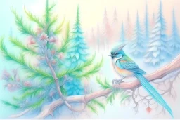 A drawing with colored pencils, a fluffy emerald branch of a spruce with snow, on which jays sit with a rowan in their beak, delicate, soft lines, pastel tones, blue, white, pink, lilac, mint,orange, green, yellow, shabby chic mystic style, a fairy tale, in the background a fabulous forest,by Beautiful in winter, super-hyperrealism, high quality