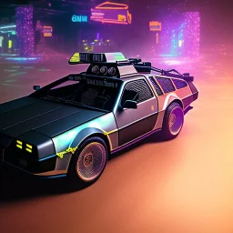 cyberpunk army DeLorean, cyberpunk 2077, center composition, reflection, ultra realistic, shiny, smooth, studio quality, octane render, Surrealism, Triadic colour scheme, glow-stick, god rays, mist on the horizon, ambient lighting, nightclub lighting, polaroid, 100mm, --ar 1:1 --v4