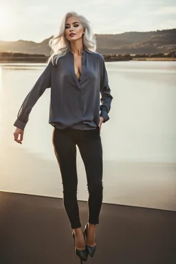 full body of very beautiful girl wearing pants and bluse ,white gray hair ,standing idle happy pose in studio pretty makeup