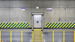 wall design for parking garage, concrete, yellow marking lines, hazard lines, weathering and water stains, in middle is a realistic steel double doors to a stairway, with a sign is above. rough painted hashmarks and parking lines, add signage found in a parking garage.
