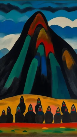 A dark brown mountain with golems designed in Navajo baskets painted by Alexej von Jawlensky