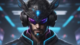 A man wears a black glass Cyberpunk helmet and Chinese clothes , black and blue color, solo leveling shadow drawing style, neon, intricate details, highly detailed, high details, detailed portrait, masterpiece,ultra detailed, ultra quality