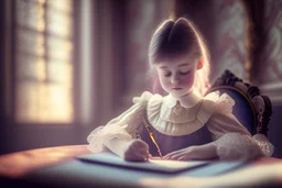 cute chibi contented victorian princess writing a letter in a victorian room in sunshine, ethereal, cinematic postprocessing, dof, bokeh