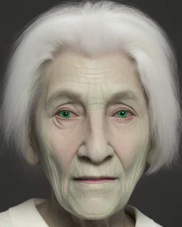 Abstract portrait of a dignified old woman with green eyes and white hair