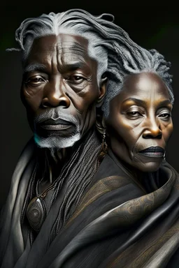 a photo of an African man and woman with ethnic jewelry, grey hair and grey flowing robe, in style of Annie Leibovitz, contemporary portrait of a mature yet beautiful and modernist, black and grey, detailed face, swirling fluid smokey enigma, award-winning artwork