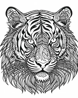 tiger face tattoo, coloring book page. simple and clean line art, adults drawing book, Black and white only, crisp black lines, sharp lines, simple colouring page for adults, black and white picture, lots of details, tattoo style