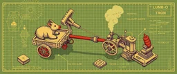 isometric blueprint of hi tech metal gear Gnome invention, winning prize at gnome convention, The Lumb-O-Tron A jury-rigged combination of a cart, pulley system, and an axe designed to chop down trees. The motion is powered by {a yoga pig in a wheel treadmill spurred by a carrot on a stick | a crude stationary bicycle | a tiny steam engine heated by a red pseudodragon in the chamber}