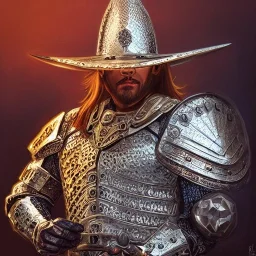 portrait,"Insanely detailed photograph of an armored mariachi warrior with sword", intricate chainmail charo,large Sombrero,elegant, detailed D20 flair, digital painting, artstation, concept art, smooth, sharp focus, illustration, art by artgerm and greg rutkowski and alphonse mucha, 8 k