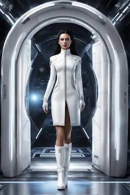 photorealistic slim woman looking like Drusilla with white boots standing at the entrance to a spaceship