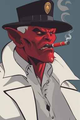 A red demon wearing a black police outfit smoking a cigerate.