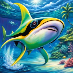 fantasy 90's tcg art of pearlescent manta ray in ocean paradise