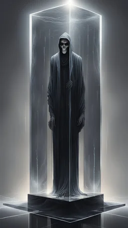 portrait of a square pillar with a grim reaper bulb in the foot, and mirrors reflecting light like crazy lazers bouncing against the sides up into a square crystal block head at the top