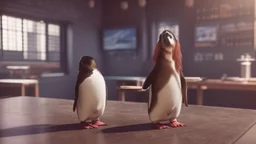 young woman talk to a penguin in coffee-shop