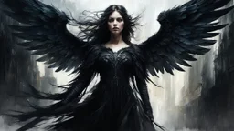 Dark and ethereal, the angel's black wings spread. Each wing carried with it an ancient story, a deep secret that hid in the shadows. cinematic detailed mysterious sharp focus high contrast dramatic volumetric lighting, :: mysterious and dark esoteric atmosphere :: digital matte painting by Jeremy Mann + Carne Griffiths + Leonid Afremov,, dramatic shading, detailed face