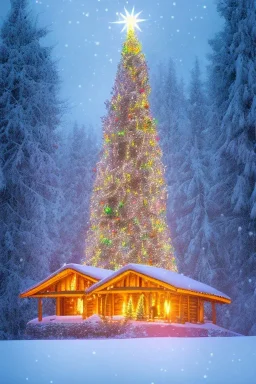 Huge lonely Christmas tree full of lights in a dark snowy forest, multiple deer walking by cabin home