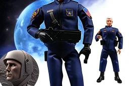 Plastic Mike Pence as G.I. Joe toy Doll figure With a pistol space force Commander Blue fabric uniform, black Moonboot in a clear package