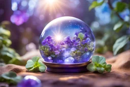 crystal ball shining light blu with plants violets well defintedshining magical landscape with light shining drops