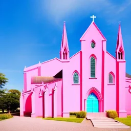 concept art, concept design, decor, cathedral church building with pink walls, church exterior, pink exterior, walls made of silk, aesthetic, countryside landscabe bqckground, natural blue sky