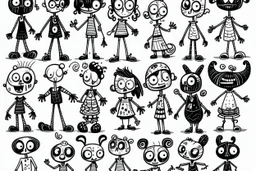 make a bunch of simple hand-drawn spooky and cute cartoon characters with bodies arms, and legs I could draw and make them all different make them looks like the 50s and 60s cartoon art