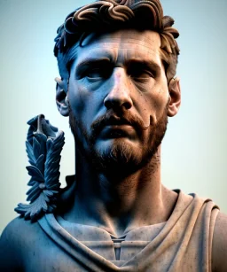 Gran angular, Realistic image, roman sculpture, marble material, Lionel Messi with Laurel wreath model, miguel angel style, emperador, God light, god rays, 4k resolution, perfect details, ornate details, soft lighting, unreal engine 5, soft cyan background.