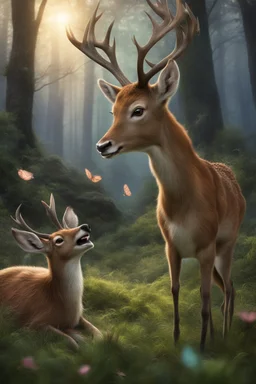 Fiona and Deery the deer find themselves overcome by a fit of uncontrollable laughter. The hallucinatory effects of the Twilight Caps have turned even the simplest joys into a source of pure delight.