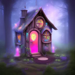 fairy house in the forest, blue and pink lights