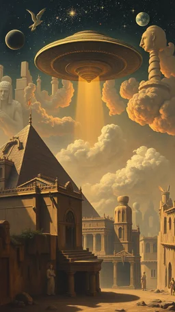 Bosch painting style building the Egyption paramount by ufo spaceship