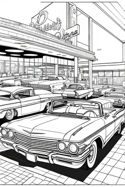 outline art for an adults coloring page, Chevrolet Impala at a Diner Parking Lot , white background,detailed sketch style,no color , only use outline, clean art , white background, no shadows and clear well outlined,