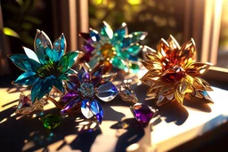 Coloured glass flowers set with gemstones, glittering metal stems and gemstone leaves on a room table sharp focus elegant extremely detailed intricate very attractive beautiful dynamic lighting fantastic view crisp quality exquisite detail in the sunshine gems and jewels