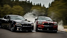 Black BMW and Dodge Charger SRT drifting in the white smoke, rear view, cinematic, luxurious --chaos 80 --ar 16:9 --style raw --stylize 700