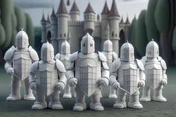 eight white humanized pawns with a big shield, a wonderfull castel in the background