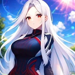 girl, masterpiece, best quality, volumetric lighting, detailed outfit, perfect eyes, long hair, white hair, red eyes, lens flare abuse, open forehead, outdoors,