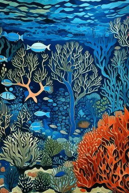 An indigo underwater coral reef designed in Australian aboriginal art painted by Frank Lloyd Wright
