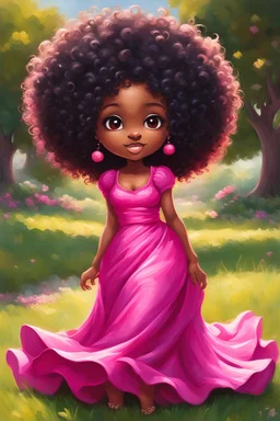 An expressive oil painting image of a chibi black cartoon of a curvaceous woman with flowing of tight curly afro of black hair that's highly detailed, wearing a hot pink maxi dress. She sits relaxed on the grass facing the warm sunlight, which illuminates her face as she looks to the side with a small smile, accentuating her prominent makeup and brown eyes. with green and hot pink roses all around